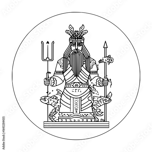 Illustration of a bearded figure holding a trident and spear with fish in a circular frame design