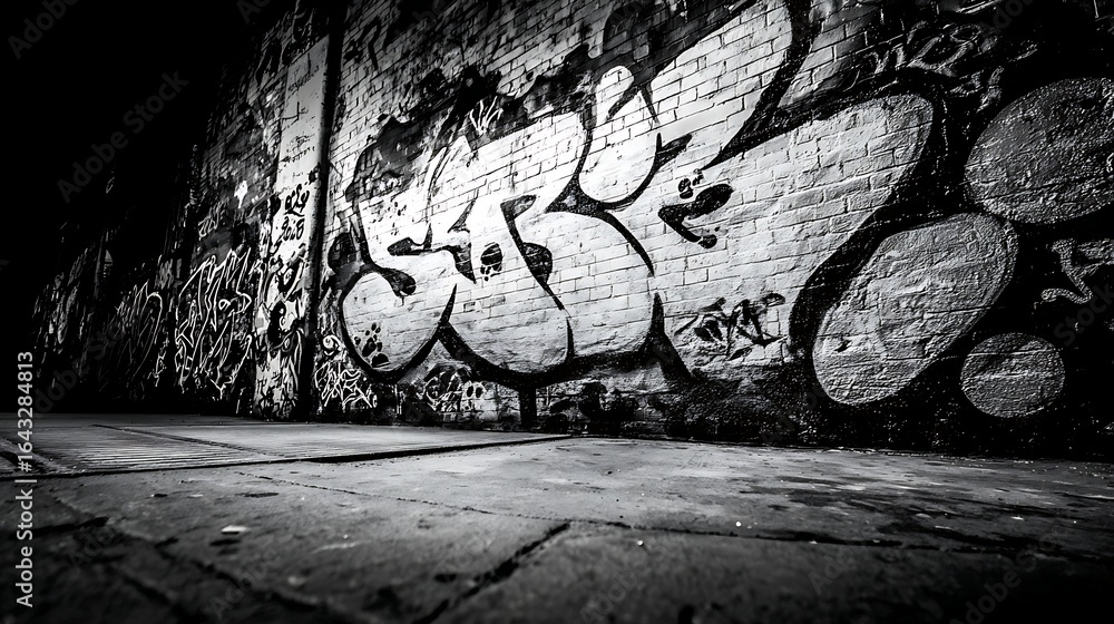 Naklejka premium Gritty Urban Graffiti Art on Brick Wall in Black and White