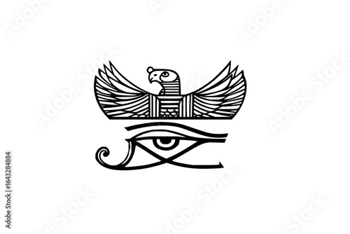 Illustration of the eye of horus symbol with a winged sun disc above on a white background