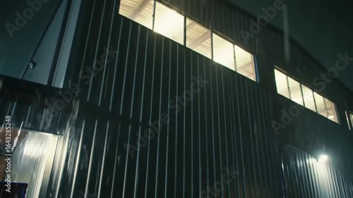 Rainy night scene featuring a metallic building with illuminated windows in an industrial area
