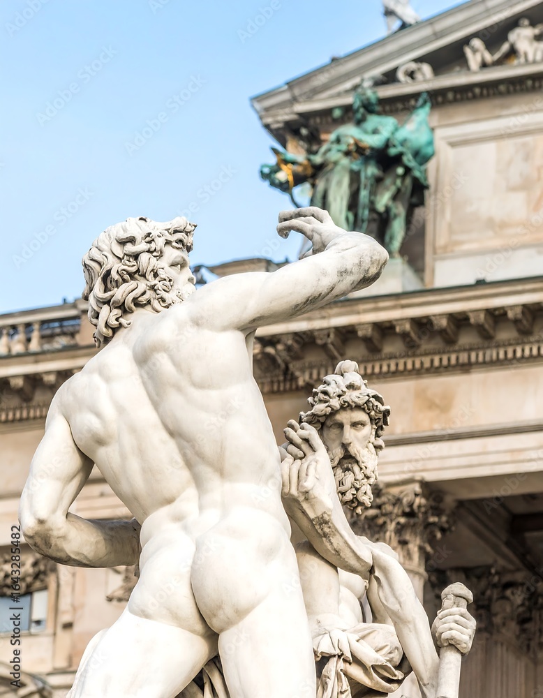 Fototapeta premium Rear view of two large, muscular, marble statues, one nude, the other draped, against a classical building