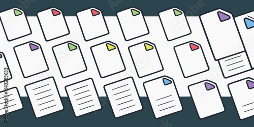 Vector art of collection of various documents and papers with colorful tabs, arranged in a neat pattern