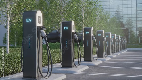 Row of modern electric vehicle charging stations in outdoor parking lot with green landscaping and glass office building in background

