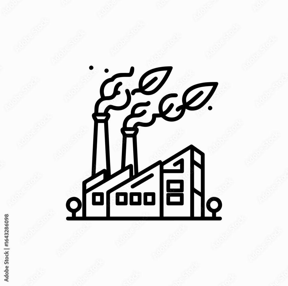 Obraz premium Eco Factory Icon – Outline Green Industry Building with Leaf Emission