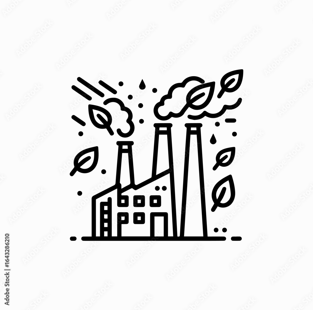Fototapeta premium Eco Factory Icon – Outline Green Industry Building with Leaf Emission
