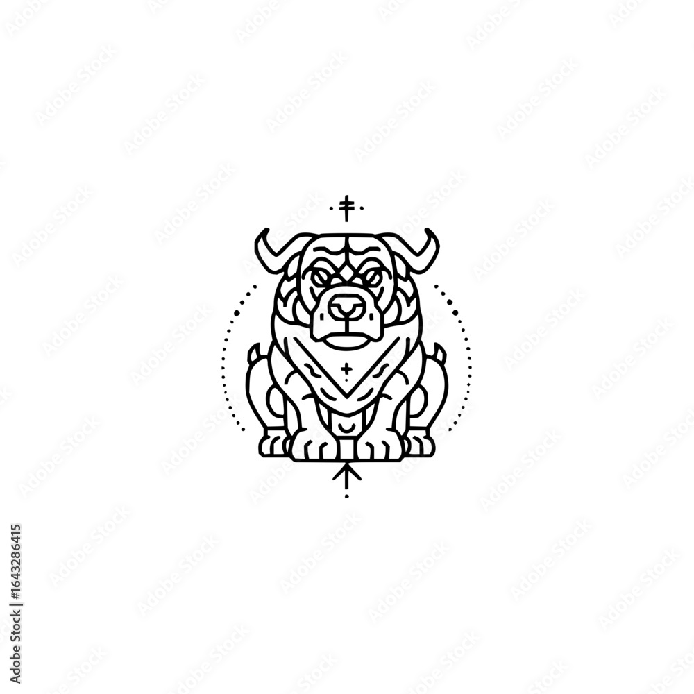 Fototapeta premium Illustration of a stylized dog with horns and a cross symbol above its head in a line art style design