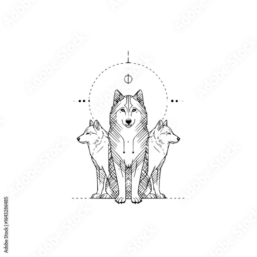 Illustration of three wolves with geometric shapes and lines in a symmetrical composition design art