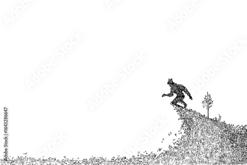 A drawing of a monster like figure on a hill with a tree in black and white with a detailed pattern design