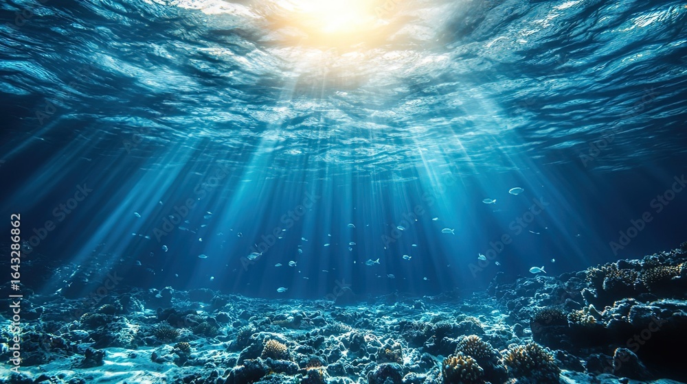 Fototapeta premium Underwater Scene with Sunbeams Penetrating the Water, Shoals of Fish and Coral Reefs 