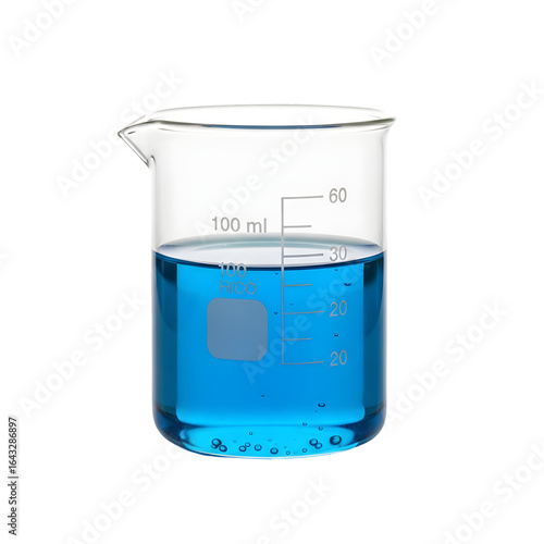 A laboratory beaker containing blue liquid, isolated on transparent background, symbolizing science and experimentation