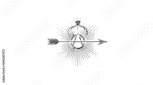 Anarchy symbol with crown and sunburst pierced by an arrow in black and white illustration style design