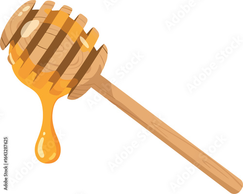 Golden honey dripping from wooden dipper