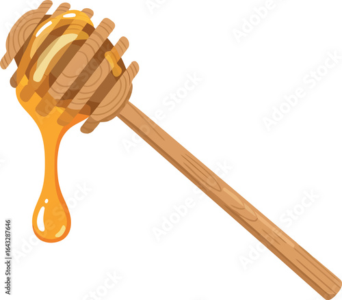 Golden honey drips from wooden dipper