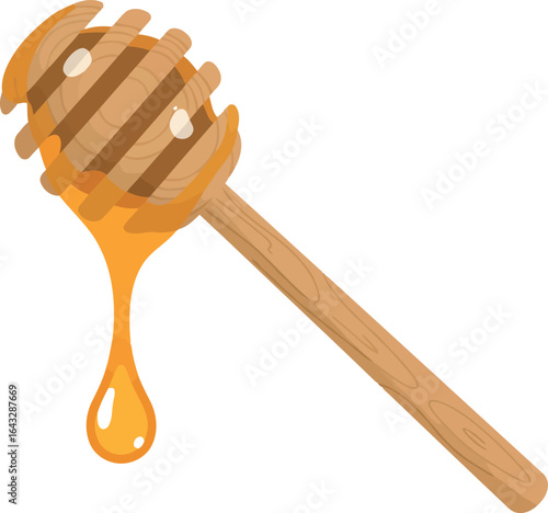 Golden honey dripping from wooden dipper