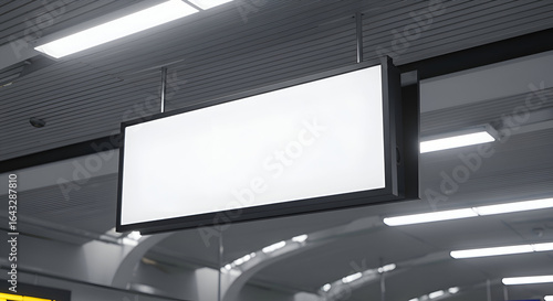Empty digital billboard hanging in a modern airport terminal. Blank display with dark frame suspended from ceiling, providing a backdrop for advertising/promotional content.
