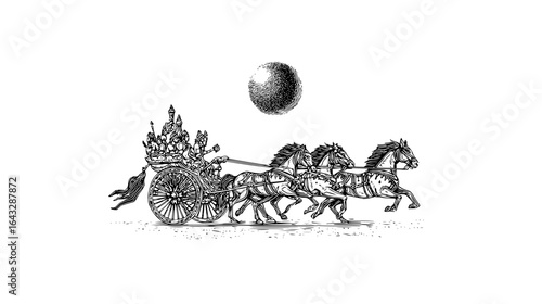 Illustration of a chariot pulled by four horses with figures and a sphere above on a white background