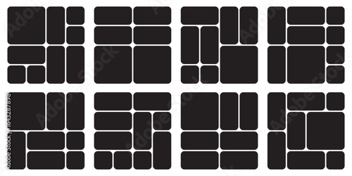 Bento grid vector square layouts. Geometric tiles pattern for photo collage, website layout, etc. Trendy tiling frames arrangements and presentation templates for social media.