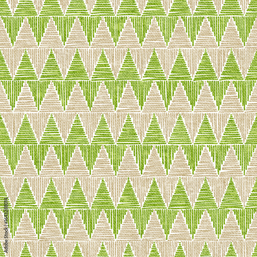 Seamless vector pattern. Stylized geometric embroidery texture. Repeating green triangles with stitched effect. Textile-inspired decorative print. Vector Illustration.