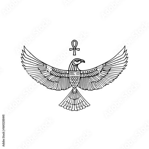 Illustration of an egyptian falcon with wings spread and an ankh symbol above its head design