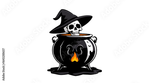 Witch's black cauldron with a skull symbol Halloween game icon on a white background