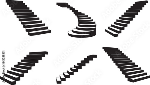 Black staircases various designs perspective stairs steps