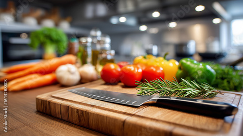 A vibrant arrangement of fresh vegetables, herbs, and a sharp knife on a wooden cutting board, depicting a modern kitchen scene filled with culinary freshness and preparation for cooking.