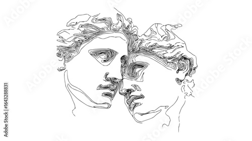 Line art depiction of two faces in close proximity with intricate hair and facial features design style