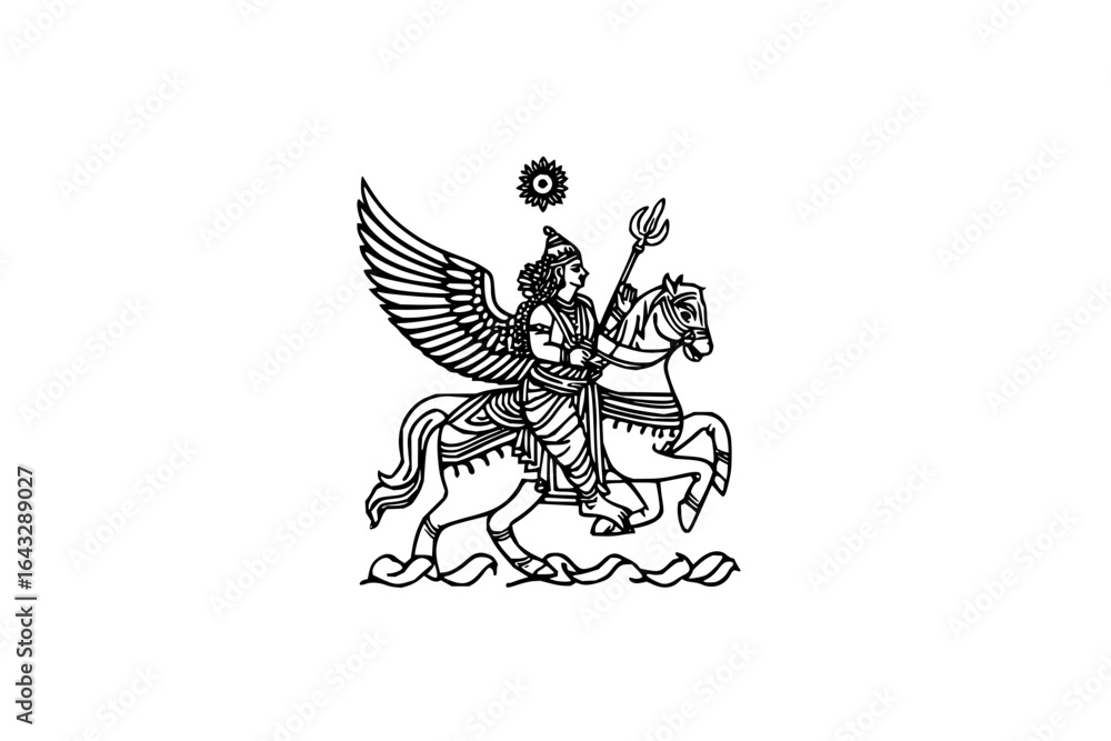 Fototapeta premium Illustration of winged figure riding a horse with a trident and sun symbol above them in black and white