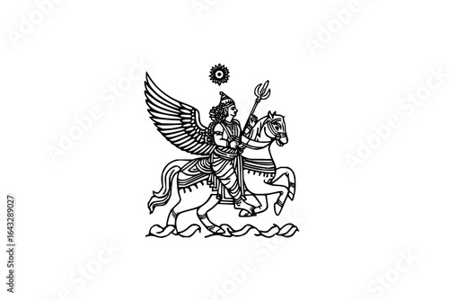 Illustration of winged figure riding a horse with a trident and sun symbol above them in black and white