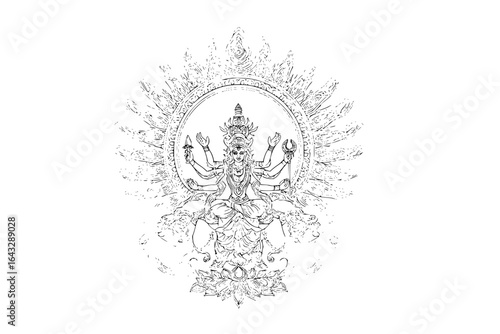 Detailed line art of a multi armed deity sitting on a lotus with a radiant halo and ornate crown design