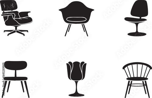 Collection of modern and classic chairs and a tulip shaped object armchair stool