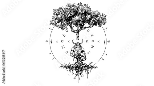 Illustration of a viking warrior with a tree and runes in a circular design in black and white style