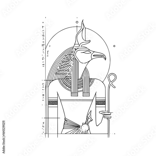 Detailed line drawing of the egyptian god horus with a sun disk and hieroglyphs on the side in black and white