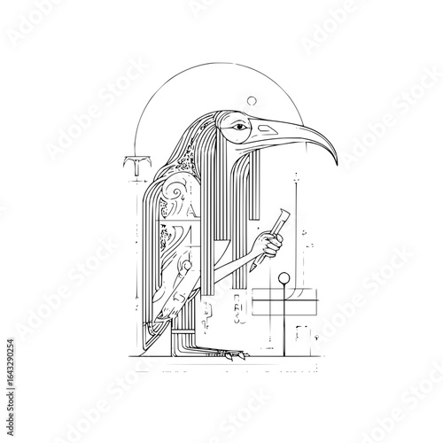 Detailed line art of thoth with ibis head holding a stylus in an egyptian inspired design style art