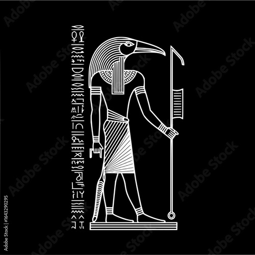 Illustration of thoth god with ibis head holding was scepter and ankh symbol with hieroglyphs on black