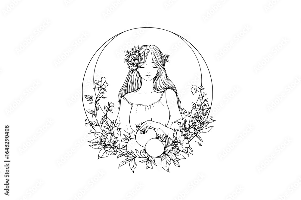 Obraz premium Elegant woman with flowers and fruit in a circular frame in a black and white line art illustration