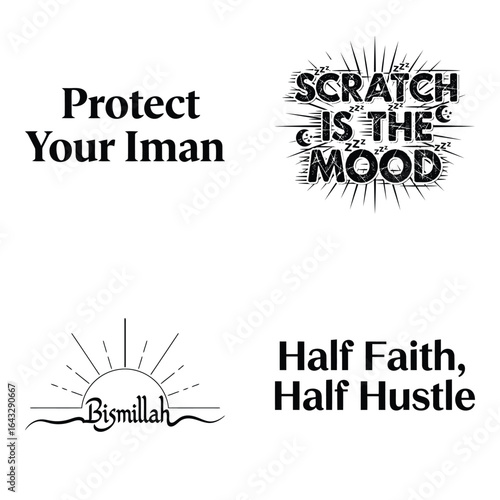 Art of four islamic and motivational quotes with typography and graphic elements, isolated on white background