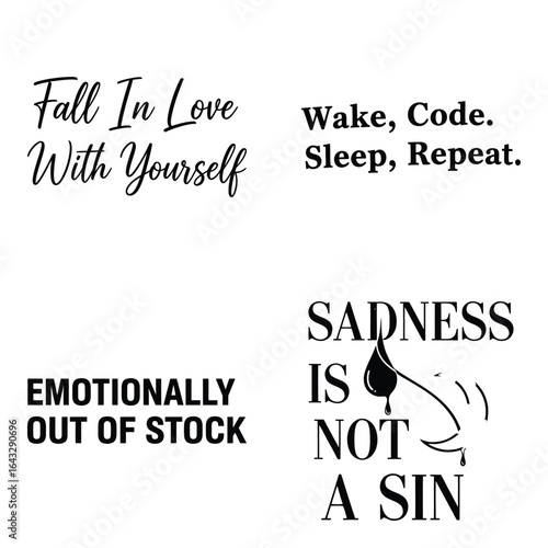 Art of motivational phrases for selflove, productivity, and emotional wellbeing, isolated on white background