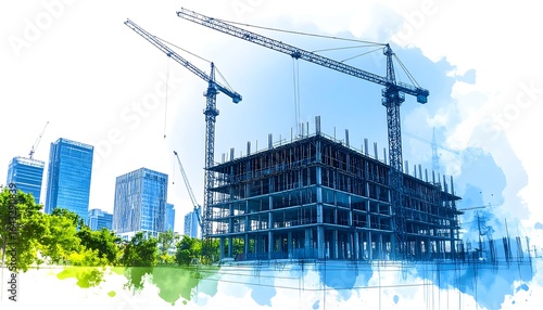 Construction site cityscape watercolor illustration