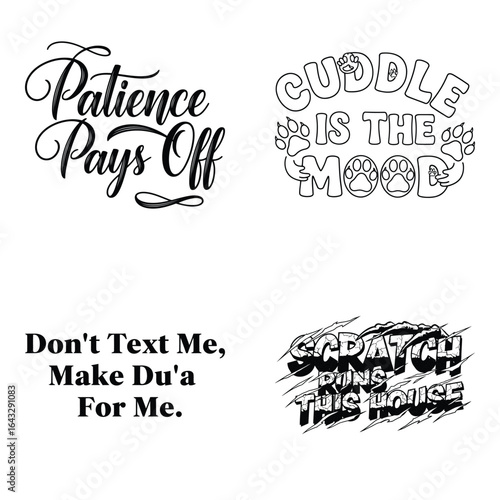 Art of collection of four motivational and humorous quotes with unique typography, isolated on a white background