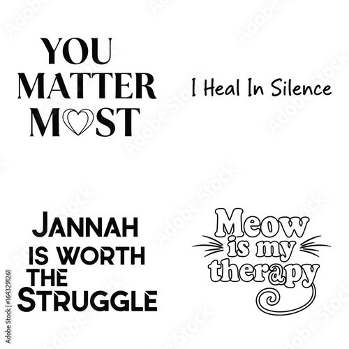 Art of inspirational islamic quotes, cat lover phrases, and selfcare messages, isolated on white background