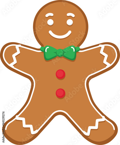 Smiling gingerbread man with green bow tie