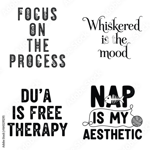 Art of motivational phrases on focus, islamic prayers, relaxation, and selfcare, isolated on white background