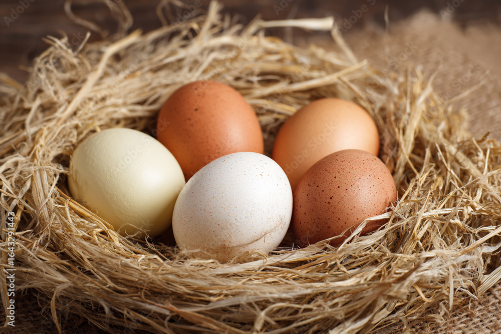 Fresh farm eggs in straw nest Fresh farm eggs in straw nest