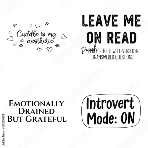 Art of four unique quotes and phrases with creative typography and lettering, isolated on white background