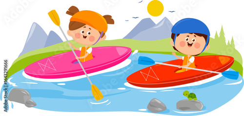 Kayaking sport children using a kayak for moving over water waves in river. Kids rafting on kayak or canoe rowing with paddles in boats. Boy and girl in canoe with paddle or oar doing water sports.