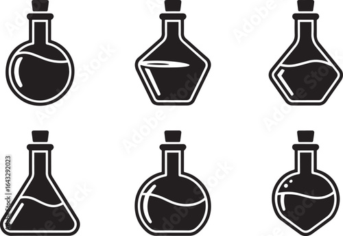 Six black laboratory flasks with liquid science chemical