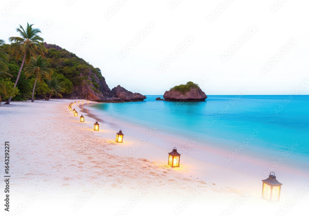 Obraz premium Tropical beach pathway illuminated by lanterns at dusk