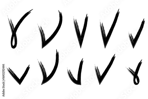Hand drawn check mark brush stroke line. Brush checkmarks answers in test, confirmation, negation icons. Checklist marks template, voting. Vector flat illustration isolated on white.