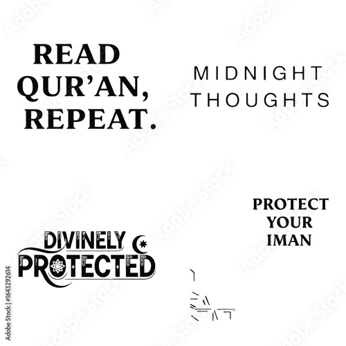 Art of four islamic and motivational quotes with artistic typography, isolated on white background